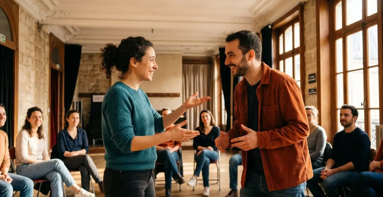 Deux participants en exercice d'improvisation face à face avec gestes complémentaires et sourires, groupe bienveillant visible en arrière-plan dans salle de cours parisienne