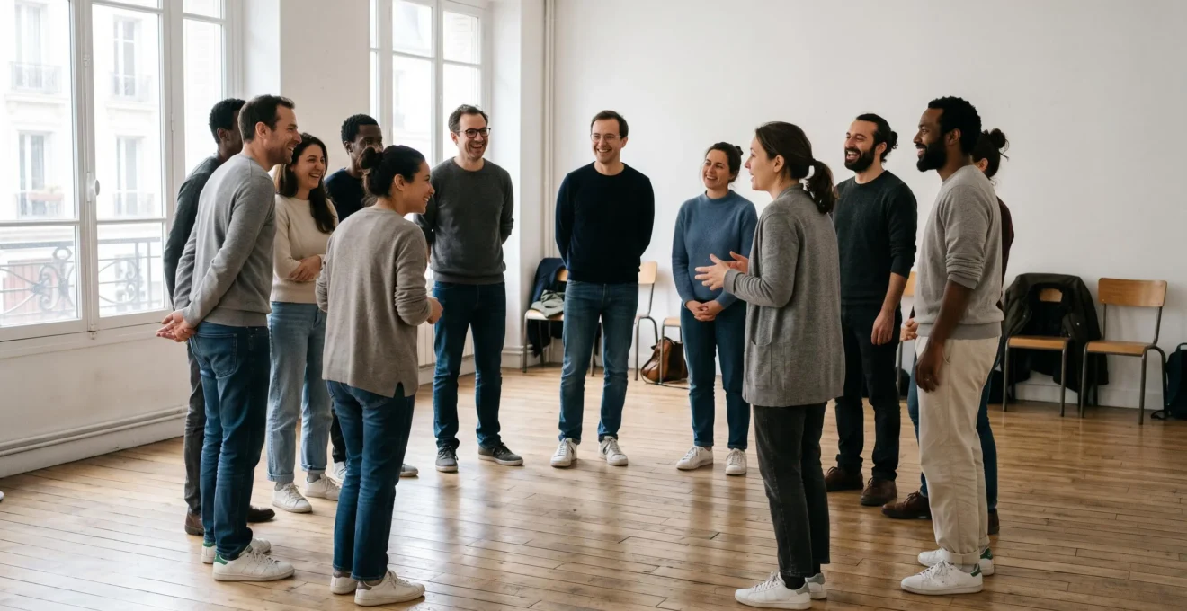 Groupe de participants diversifiés en cercle lors d'un atelier d'improvisation théâtrale dans une salle lumineuse parisienne, postures ouvertes et expressions engagées montrant l'écoute active collective