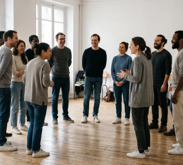 Groupe de participants diversifiés en cercle lors d'un atelier d'improvisation théâtrale dans une salle lumineuse parisienne, postures ouvertes et expressions engagées montrant l'écoute active collective