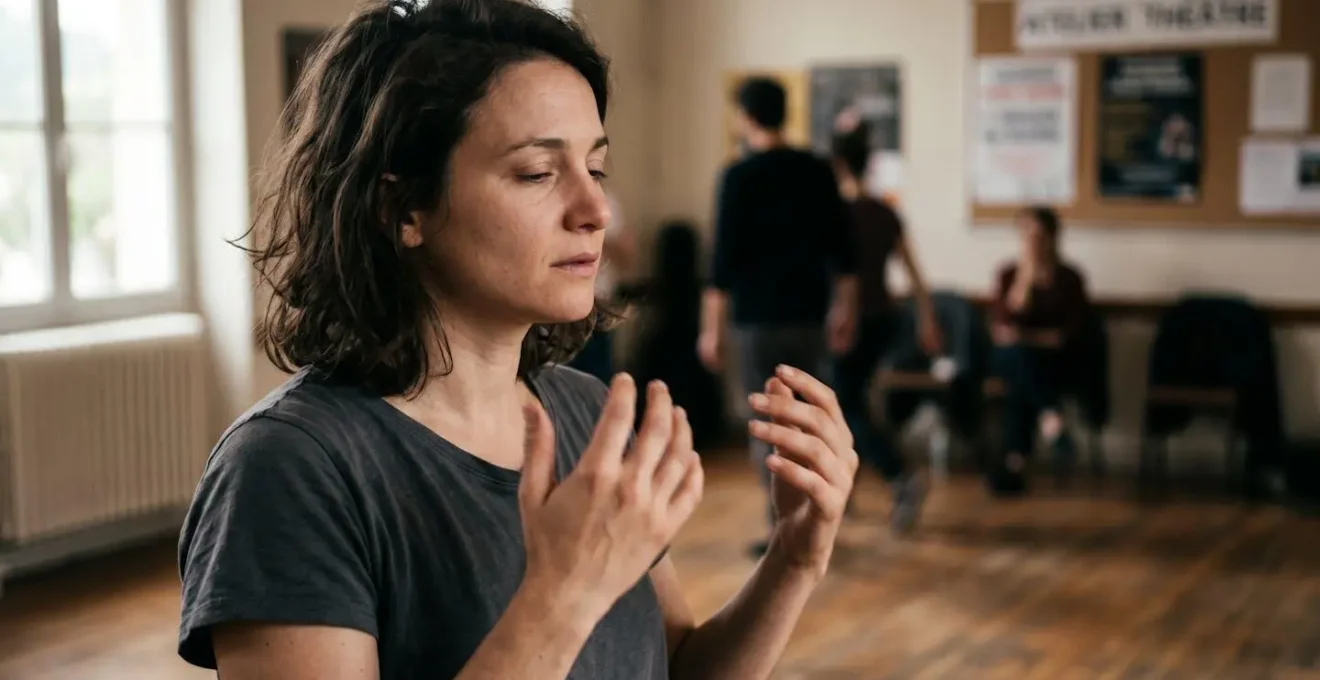 Participante d'atelier d'improvisation en pleine concentration durant un exercice, yeux fermés et expression de lâcher-prise, mains en mouvement expressif